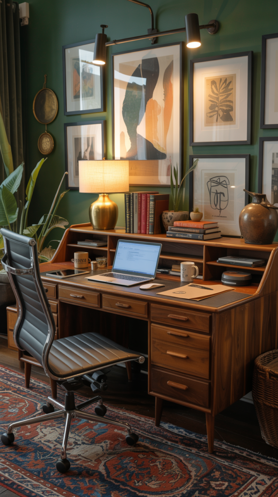 Vintage and modern furniture mixed in a maximalist home office workspace.