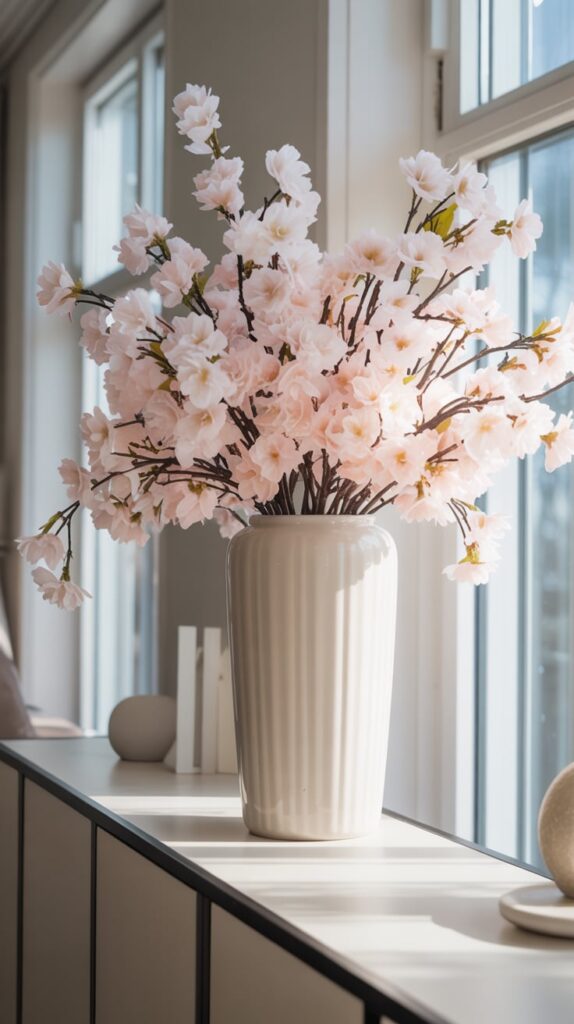 A tall ceramic vase filled with pale pink faux cherry blossom branches styled on a minimalist console table.