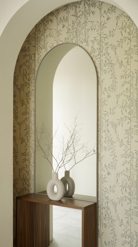 “Entryway with a wallpapered archway and minimalist console decor.”