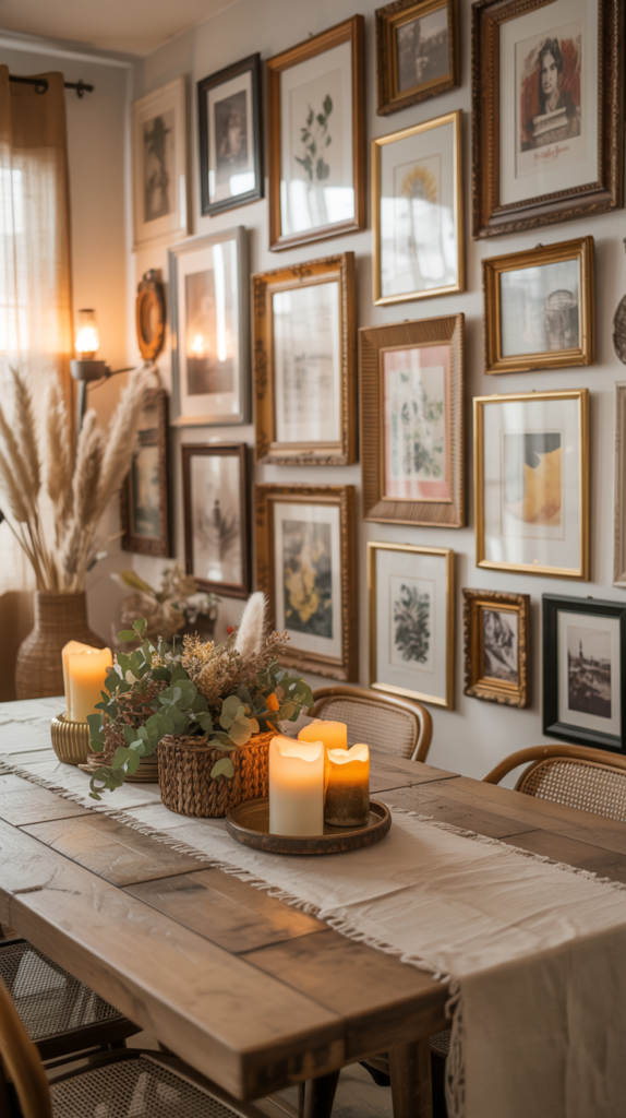 “Cozy dining room with an eclectic gallery wall featuring botanical prints and mixed frames.”