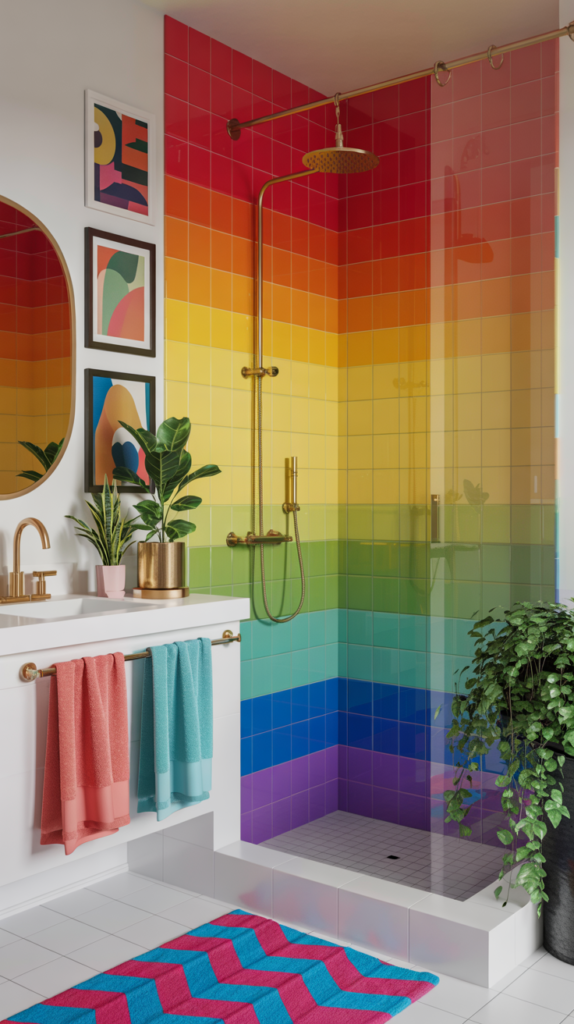 Rainbow tile shower in a colorful bathroom with playful decor and bold, artistic styling.