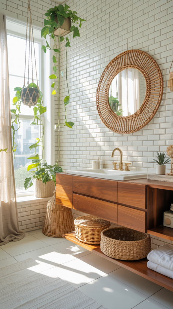 Airy modern boho bathroom with a wood vanity, brass fixtures, rattan mirror, and hanging greenery.