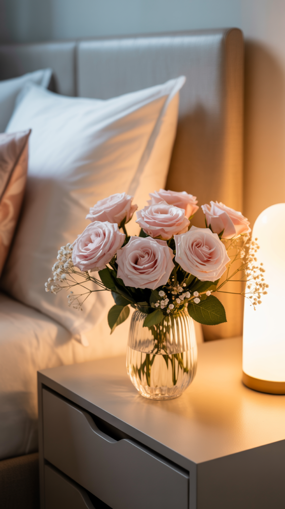 A small vase of soft pink flowers placed on a nightstand beside a warm bedside lamp in a cozy, neutral bedroom.