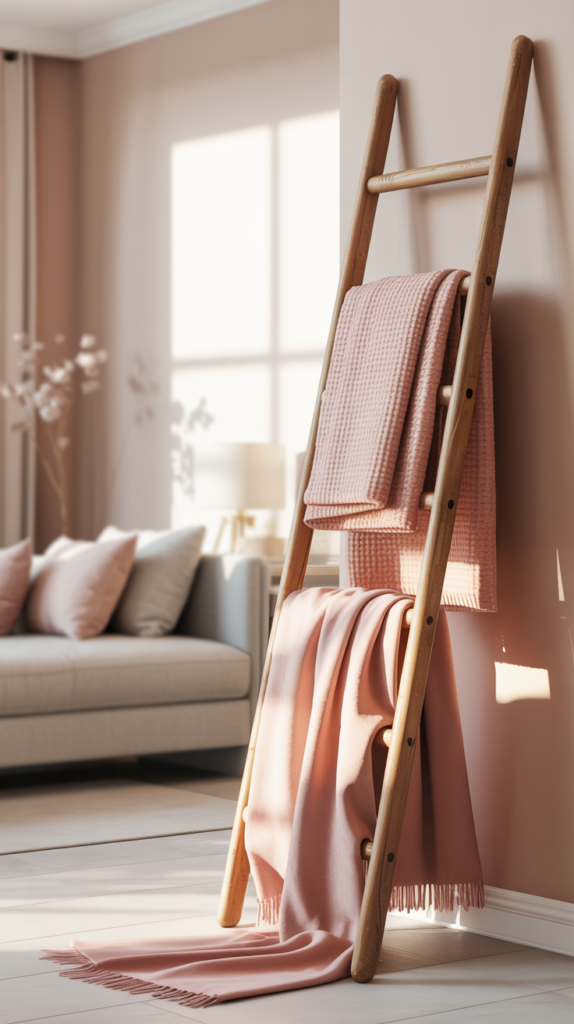 A wooden blanket ladder in the corner of a small dining room, decorated with blush pink knit, linen, and velvet throws.