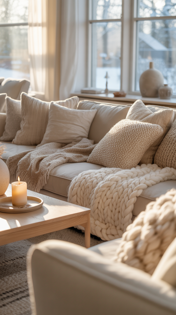 Neutral winter sofa with layered knit blankets and boucle pillows in soft ivory and oatmeal tones.