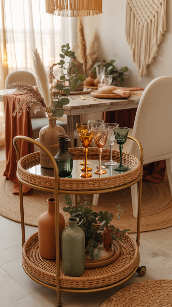 Styled Boho bar cart with vintage glassware, brass accents, woven trays, and dried flowers.”