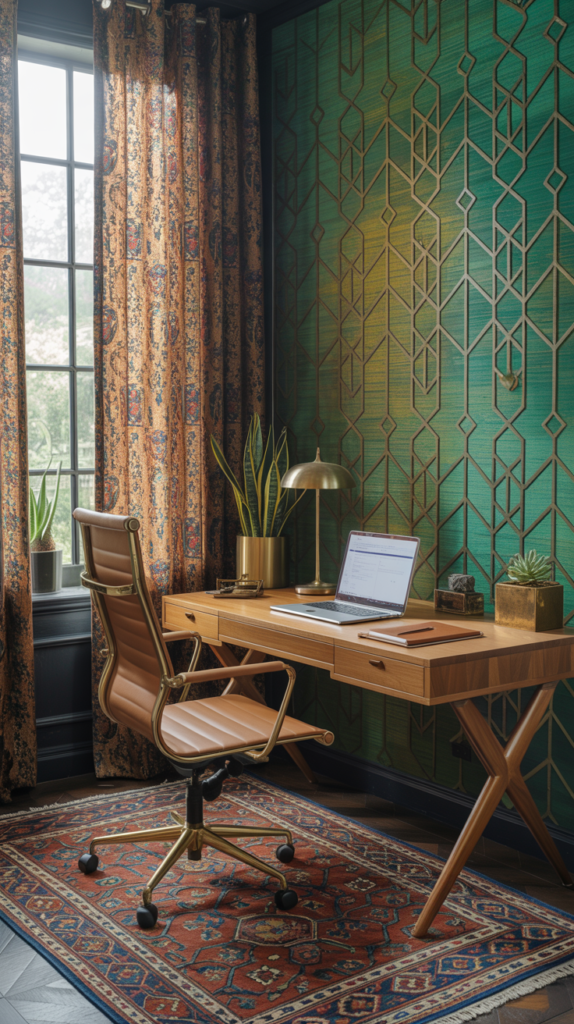 Pattern-on-pattern decor in a functional maximalist home office.
