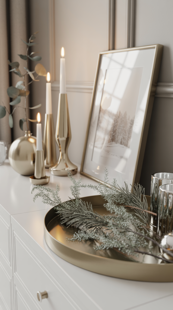Neutral winter décor featuring soft metallic accents like brushed brass and champagne tones.