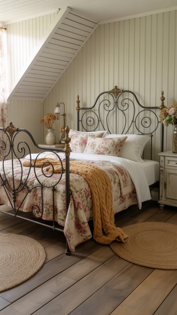 Cottagecore bedroom with a vintage iron bed frame styled with floral quilts and soft neutral decor.