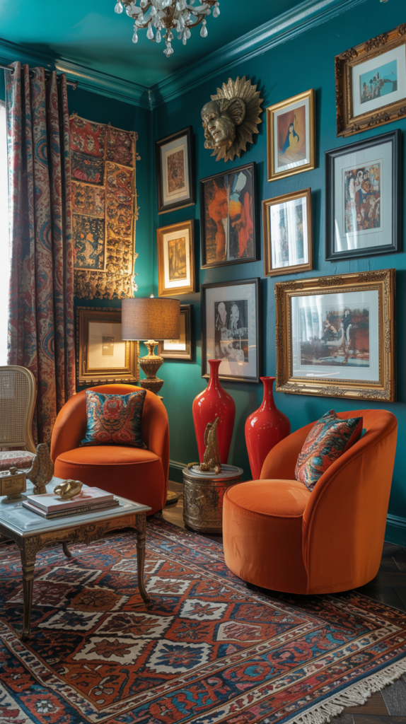“Eclectic living room with teal walls, burnt orange seating, ruby red décor accents, and artistic layered patterns.”
