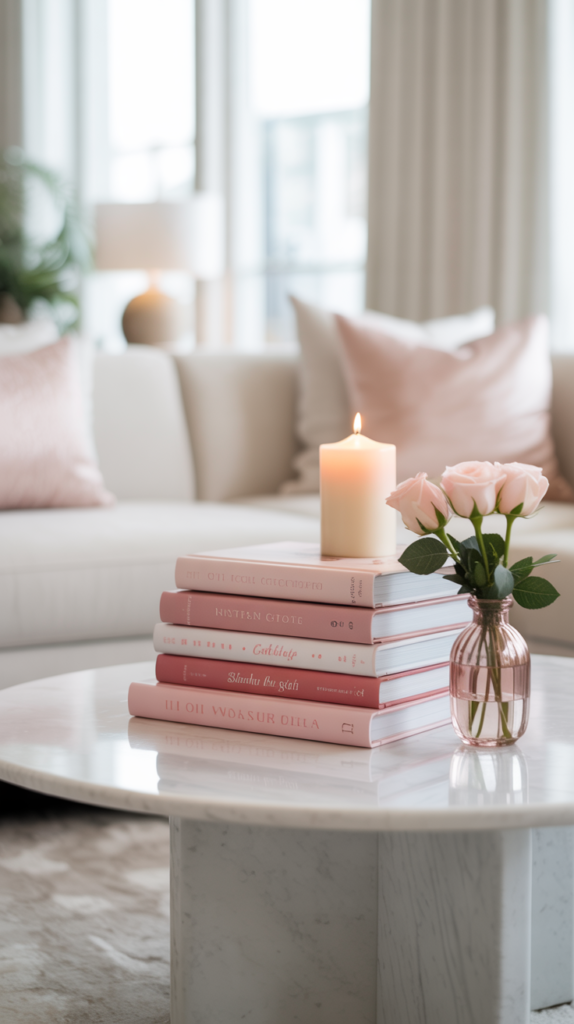 A stack of blush and rose-toned books styled on a marble coffee table with a candle and small bud vase.