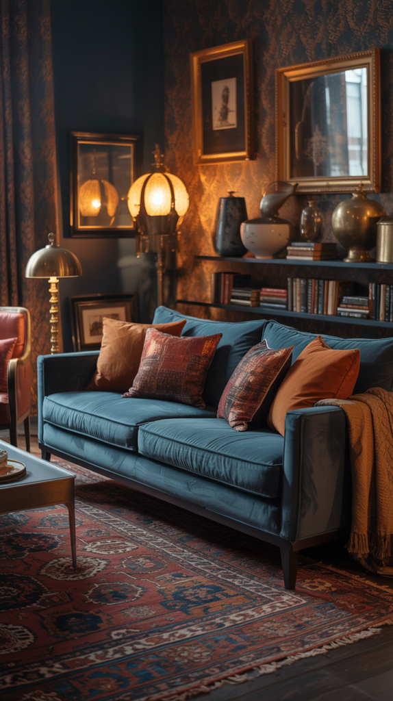 “Moody maximalist living room with burnt sienna textiles, a midnight blue sofa, brass accents, and sophisticated warm décor.”