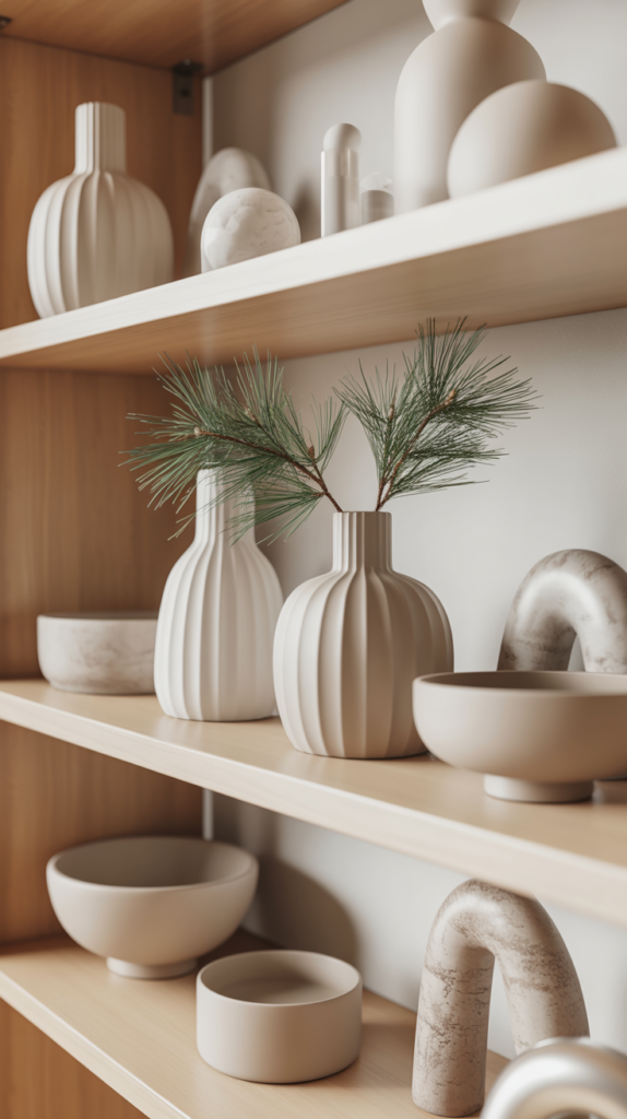 Scandinavian-style winter shelves with matte ceramics and light pine accents.