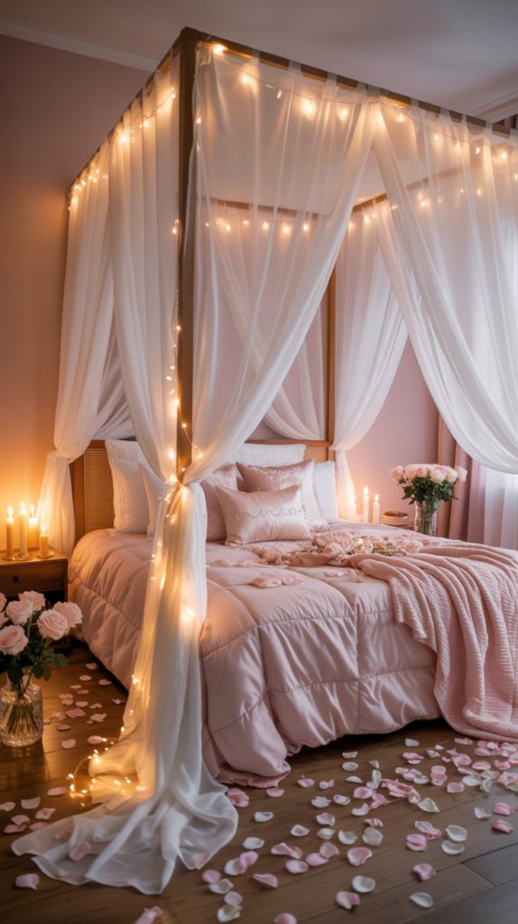 Canopy Valentine bedroom with sheer curtains, fairy lights, and romantic décor