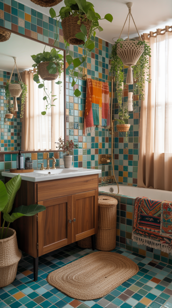 Eclectic modern boho bathroom with mixed patterns, bold tiles, and bright greenery.
