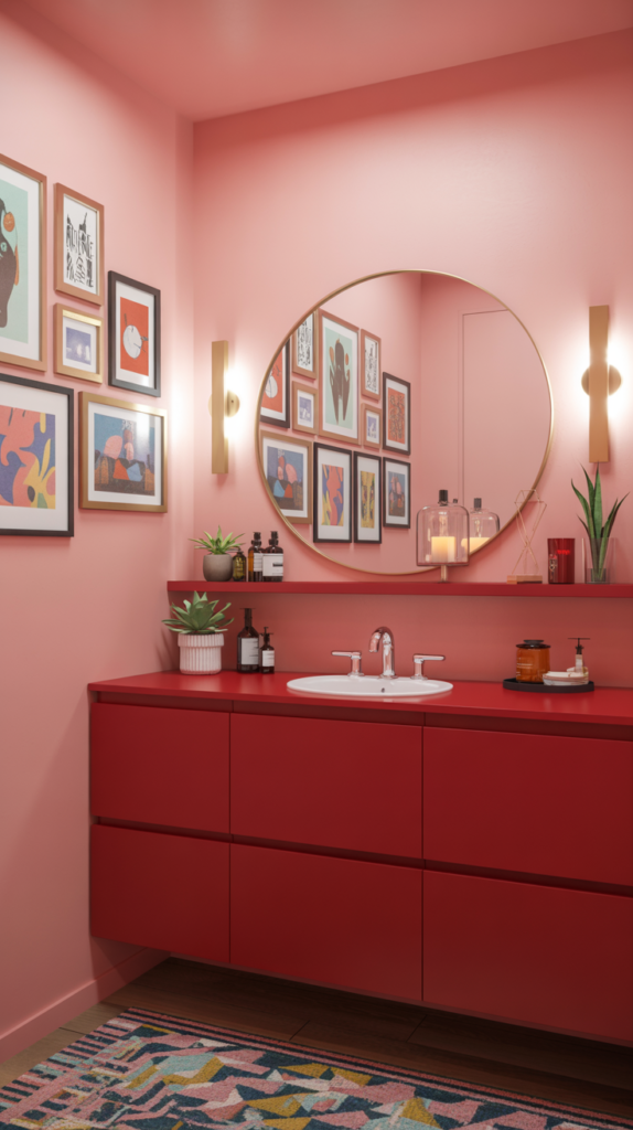 Pink and red bathroom with bold walls, colorful art, layered decor, and playful modern styling.