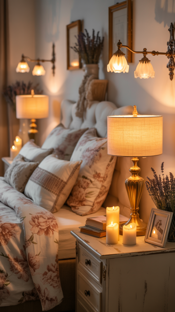 Layered cottagecore bedding with quilts, linen sheets, and textured throws creating a cozy lived-in look