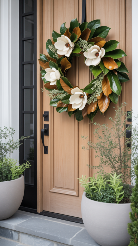 White magnolia spring wreath on a luxury wood front door with refined porch decor.