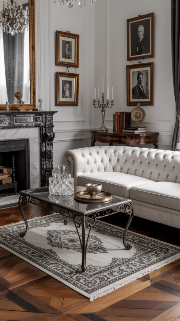 Black and white living room with vintage furniture, chandelier, framed wall art, tufted sofa, and classic elegant decor in a timeless style.