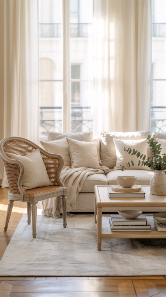 Linen sofa styled with a cane accent chair in a light coastal-Parisian inspired living room.