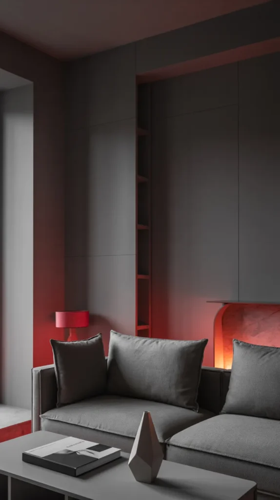 Minimalist grey living room enhanced with subtle red lighting accents for a warm, modern atmosphere.