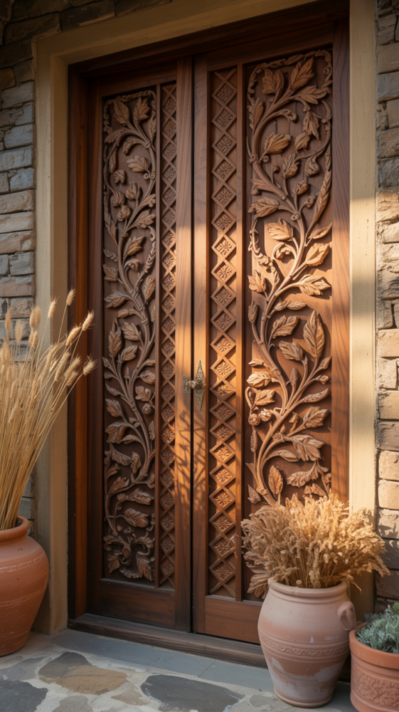 Hand-carved walnut farmhouse front door with intricate details and rustic stone exterior.