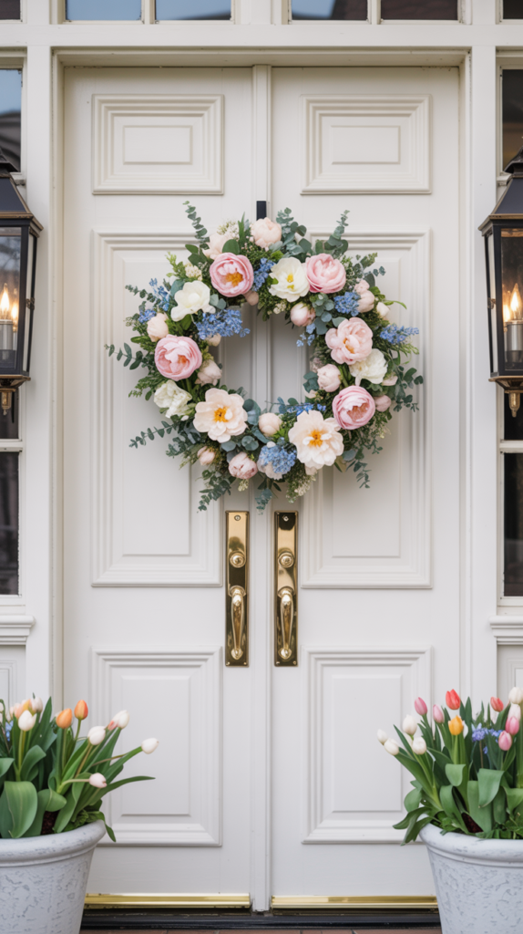 Peony and baby blue spring flower wreath on elegant white double front doors with upscale porch decor.