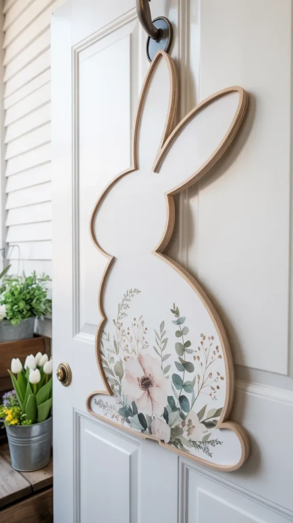 Elegant bunny silhouette spring door hanger with soft florals and greenery on a light-colored front door.
