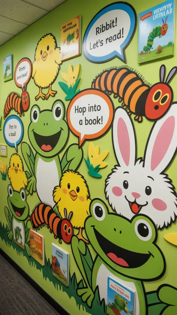 Spring storybook character wall in a kindergarten classroom featuring colorful animals and reading inspiration.