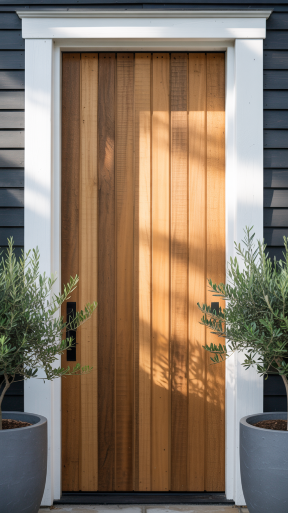 Vertical plank farmhouse front door with natural wood and modern rustic planters.