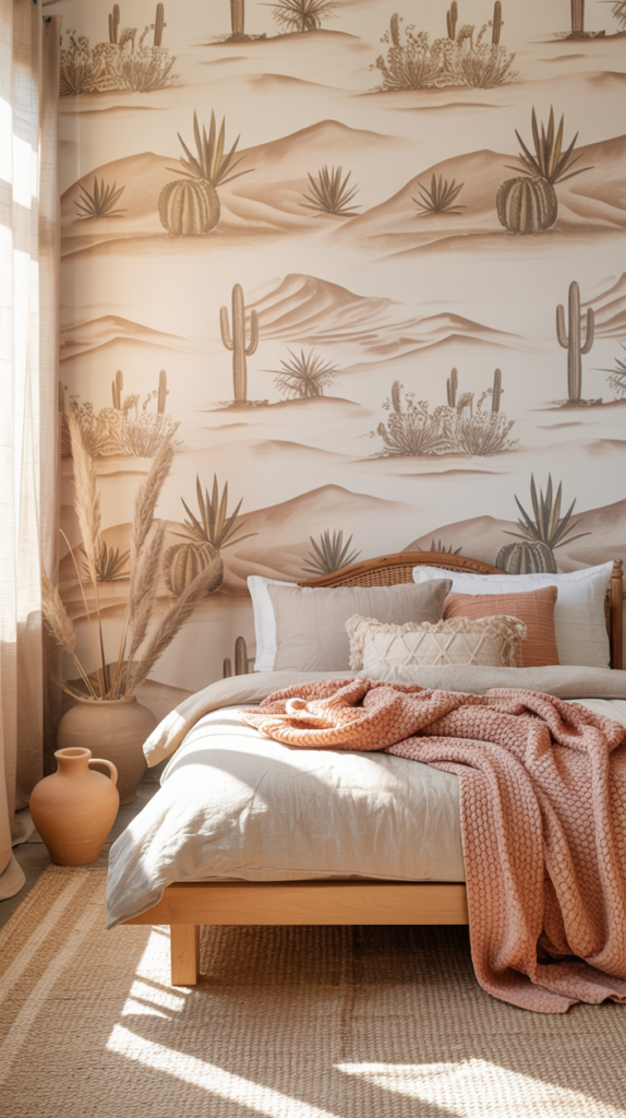 Neutral desert boho bedroom with cactus wallpaper, woven textures, and warm earthy tones.