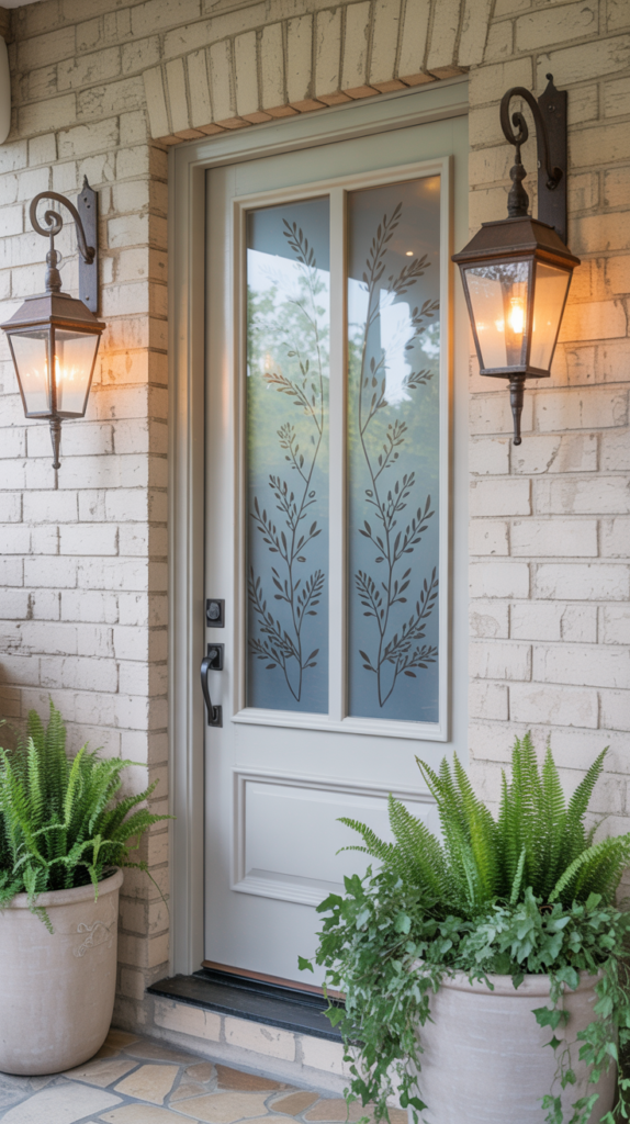 Farmhouse front door with decorative glass panels, lantern lights, and soft neutral exterior styling.