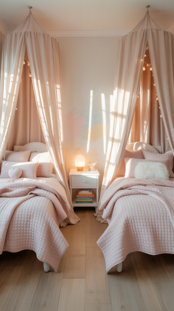 Twin canopy beds in a shared kids bedroom with soft blush and cream bedding, sheer curtains, fairy lights, and warm lighting creating a dreamy, cozy atmosphere.