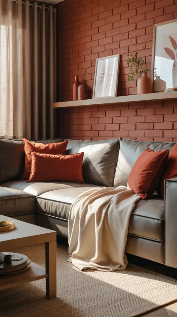 Living room with a red accent wall paired with soft grey furniture, light wood accents, and a cozy, balanced color palette.