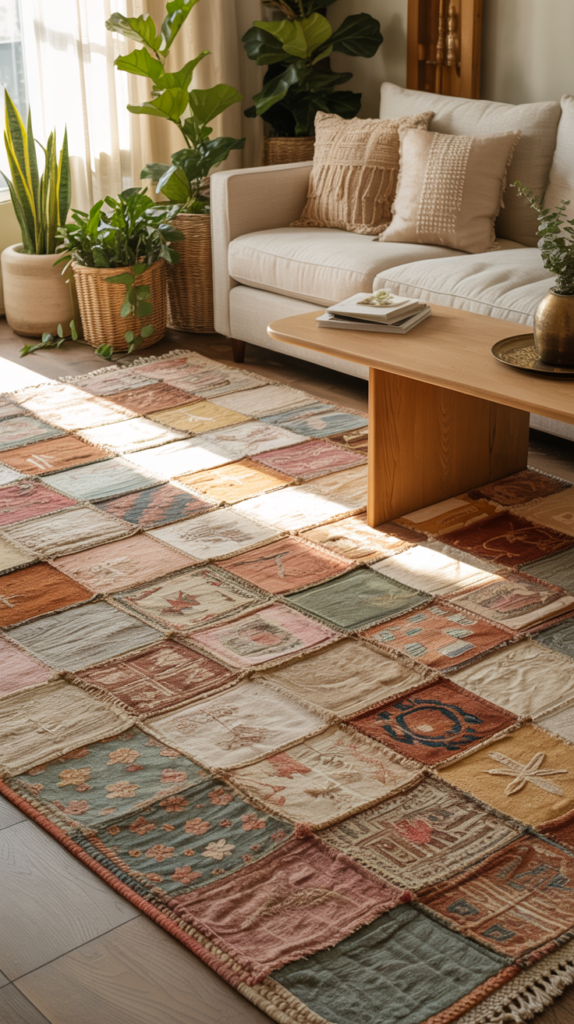 Patchwork boho rug with mixed patterns in a cozy living room with neutral sofa, wood coffee table, and warm light.