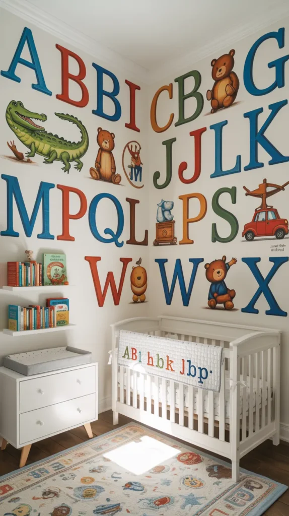 Fully furnished alphabet story wall baby boy nursery with illustrated letters, animals, crib, dresser, and colorful educational decor.