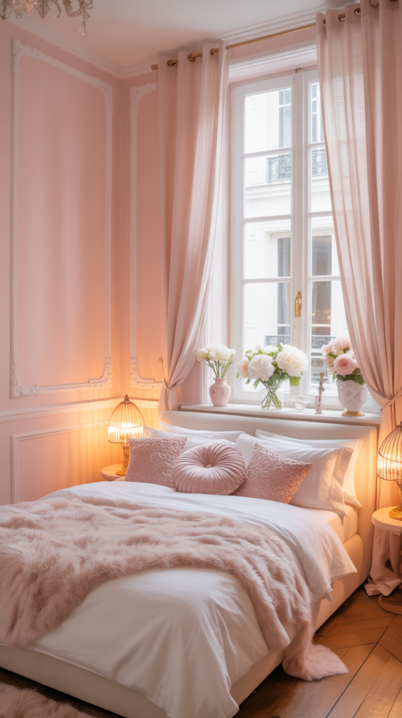 Feminine Parisian bedroom with blush walls and soft pink bedding.
