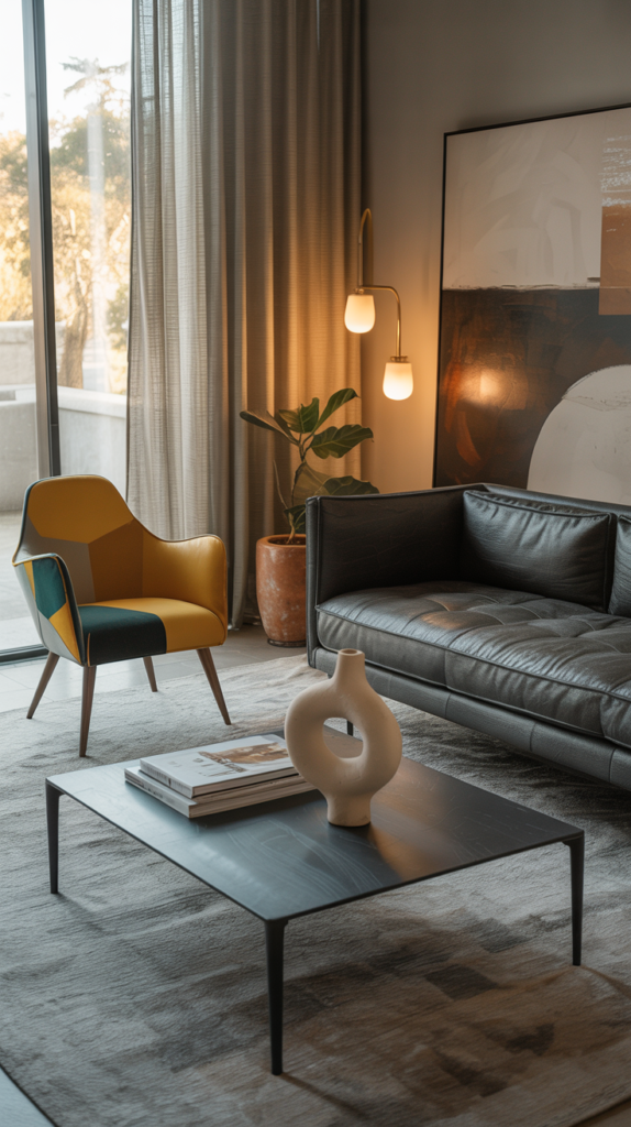 Modern gray sofa paired with a retro patterned accent chair in a stylish eclectic living room.