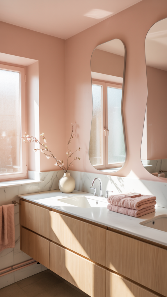Minimalist Japandi bathroom with blush pink walls, light wood vanity, and soft feminine decor in a chic modern home.