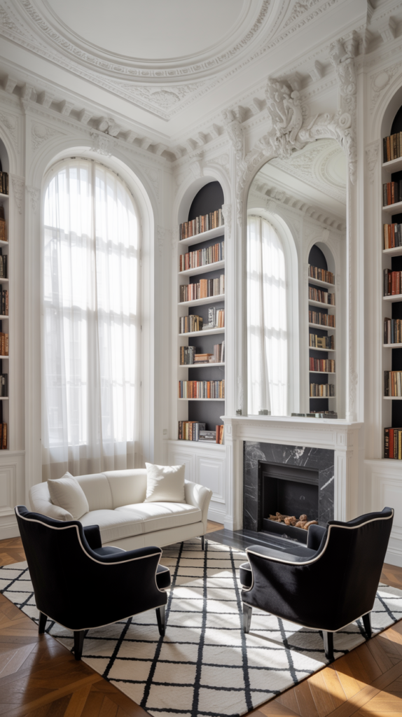 Black and white European-style living room with arched windows, fireplace, ornate moldings, white sofa, and elegant architectural design.