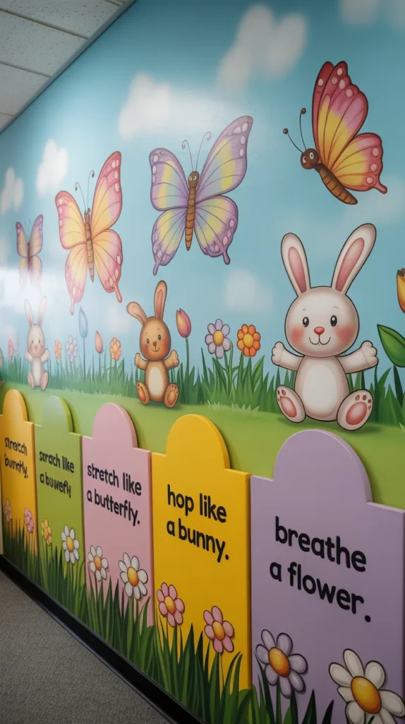 Spring movement and mindfulness wall in a kindergarten classroom with colorful animals and simple calming prompts.