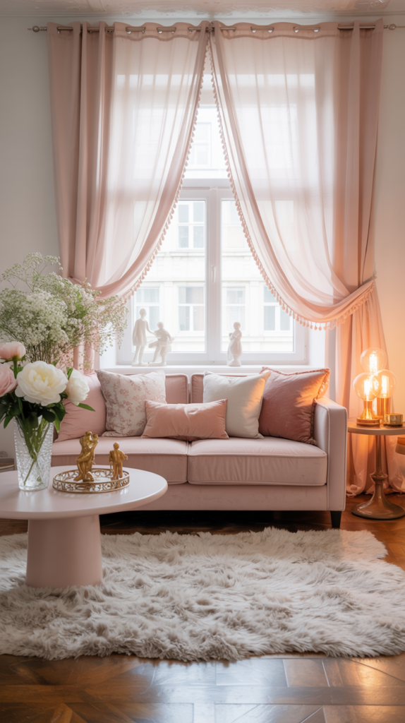 Soft pastel curtains with sunlight in a feminine living room with blush sofa and cozy girly decor.