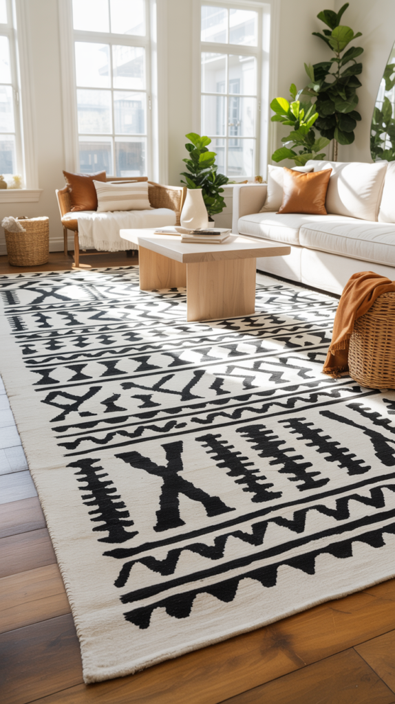 Black and white tribal boho rug with bold geometric pattern in a bright living room with linen sofa, wood furniture, and plants.