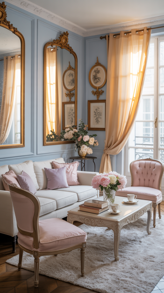 French pastel living room with pale blue walls, blush chairs, vintage mirrors, floral decor, and soft sunlight creating an elegant Parisian apartment feel.