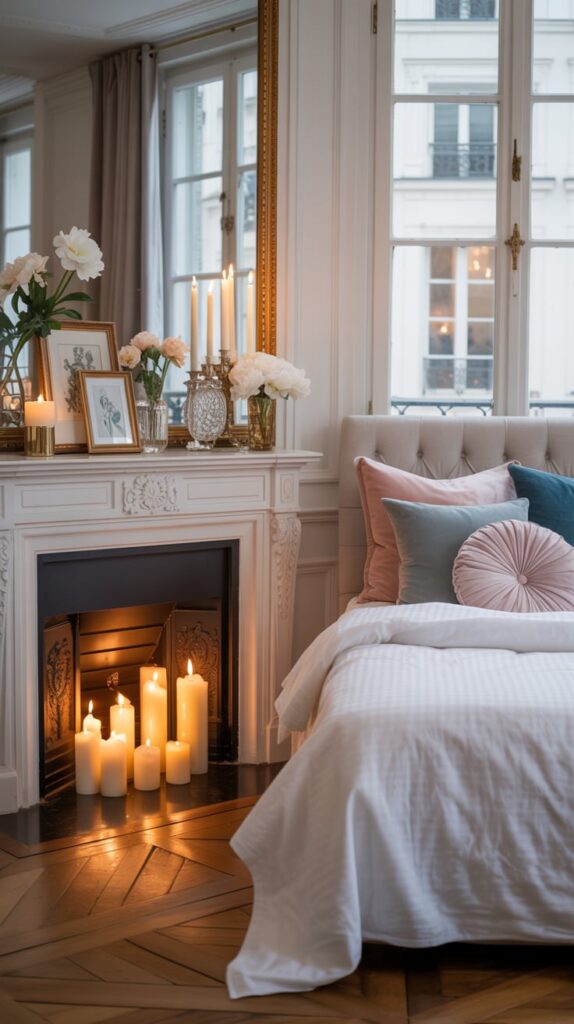 Parisian fireplace bedroom with layered bedding, gold mirror, and romantic candlelit French apartment decor.