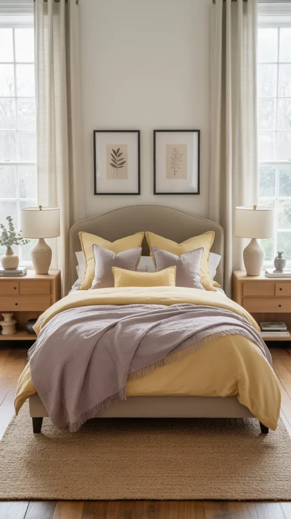 Cozy spring interior with buttercream yellow, soft taupe furniture, and muted lavender accents in a refined home.
