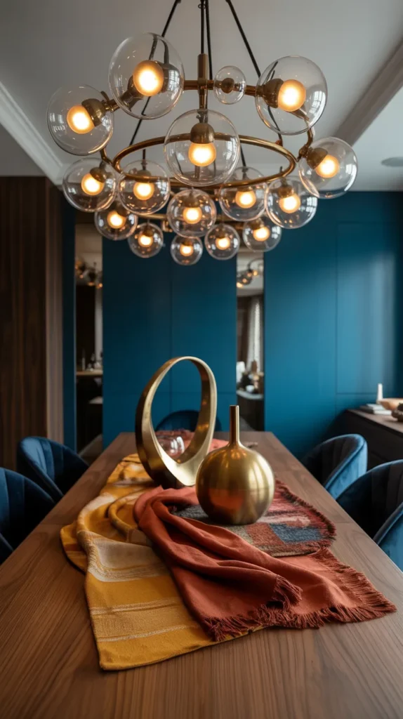 Luxury dining room with brass and glass orb cluster chandelier, deep teal walls, rich wood furniture, and colorful upscale decor.