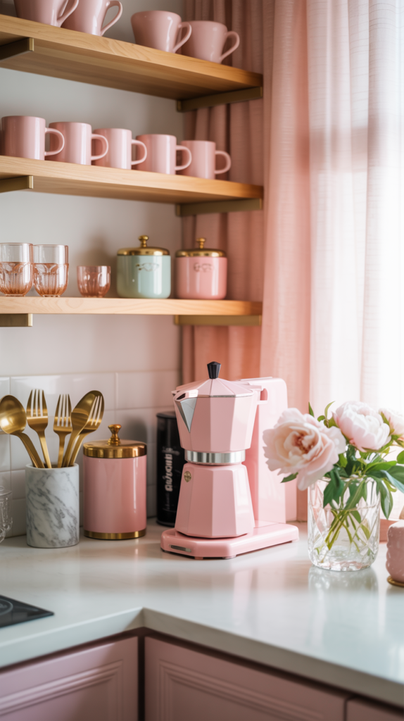 Pink and gold kitchen decor with blush mugs, gold utensils, and pastel accessories in a girly apartment.