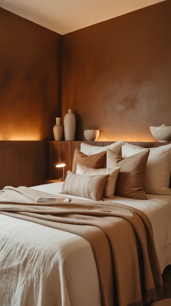 Burnt umber brown bedroom walls styled with creamy bedding, warm lighting, and cozy textures for an intimate mood.