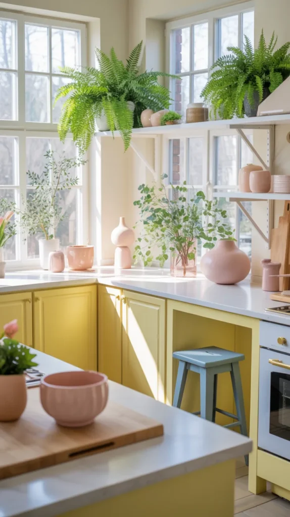 Bright spring kitchen styled with pale yellow, rose quartz, fern green, and robin blue accents in an elegant home.